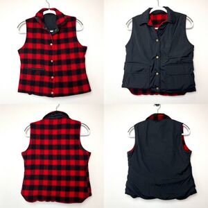 Vintage‎ Woolrich Woman M Reversible Vest Red Buffalo Plaid Wool Puffer Black